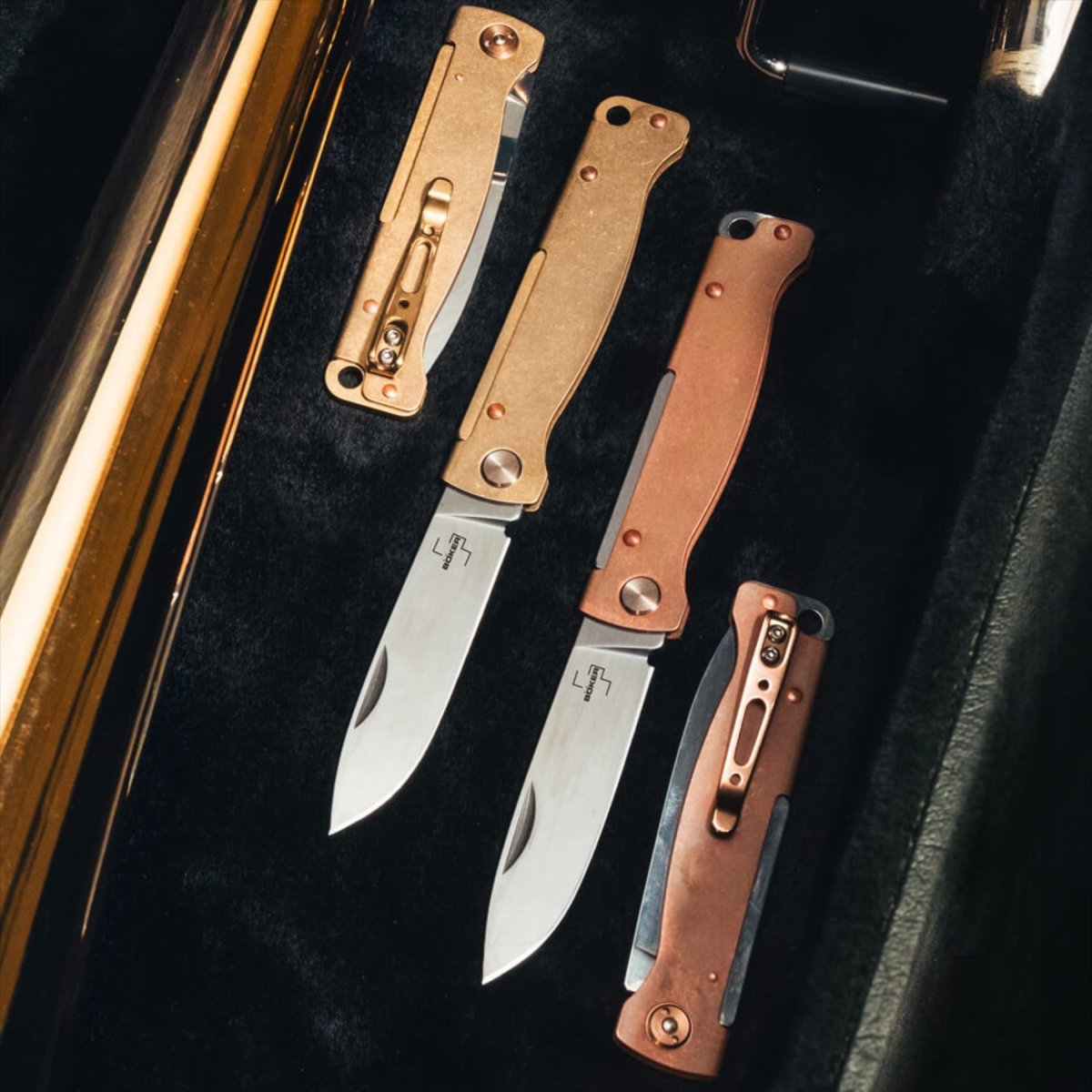 Couteau de poche pliant Boker Plus Atlas 12C27 lame en acier manche en cuivre Bronze