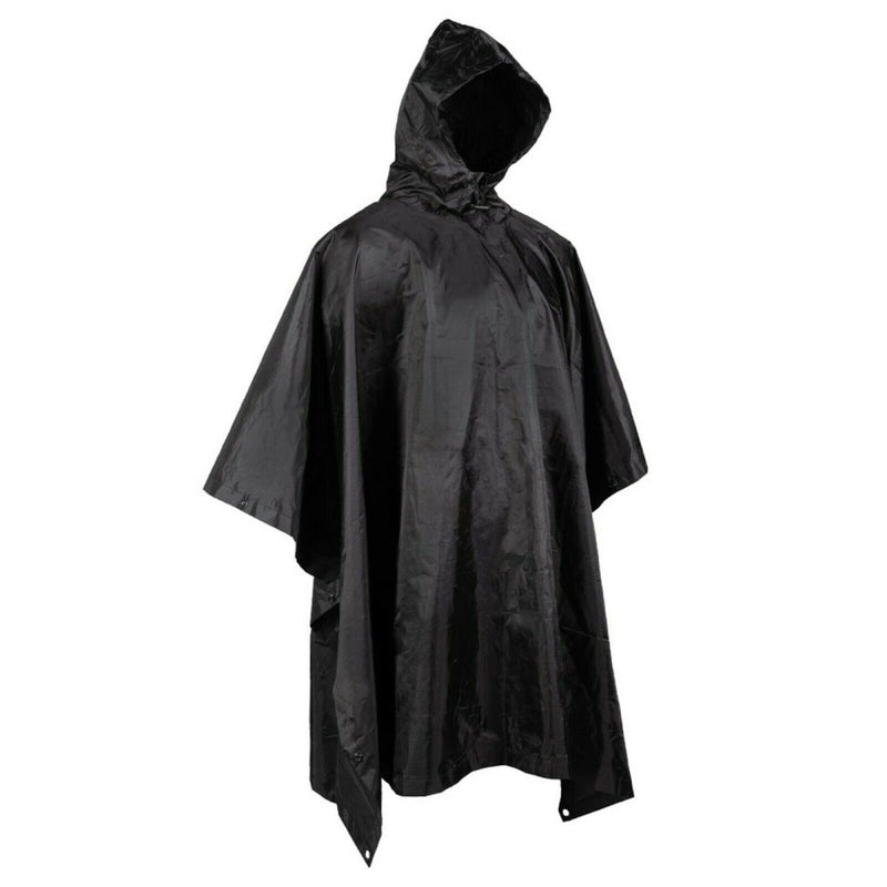 Black army style waterproof ripstop poncho cape with hood, designed for outdoor protection and camouflage.