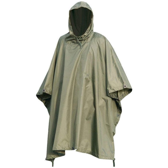 Olijfgroene waterdichte ripstop regenponcho-cape in militaire stijl met capuchon voor bescherming buitenshuis en op de camping