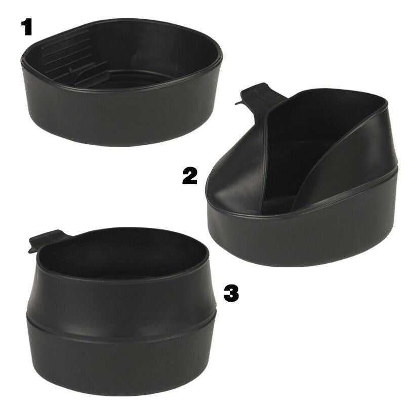 Black plastic camping bowls and cups designed for outdoor use, part of a portable dining set for camping and hiking.