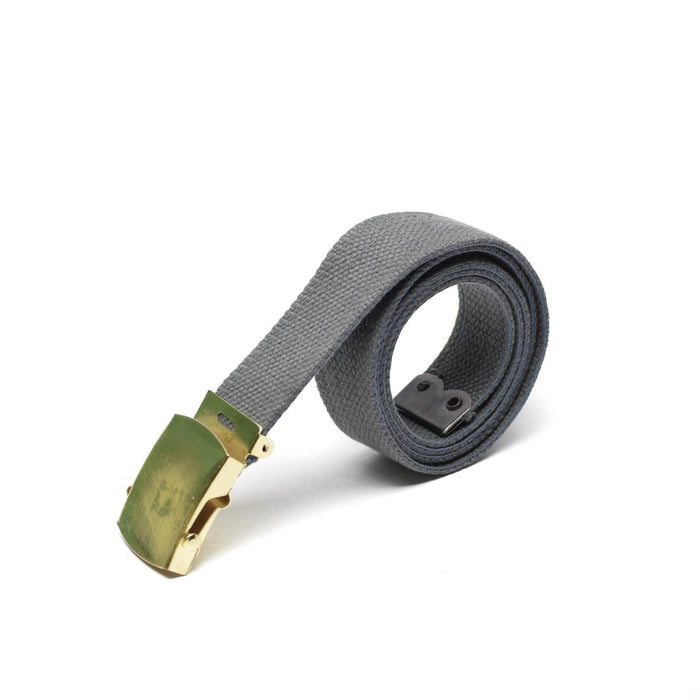 Unisex grijze canvas militaire riem met gouden gesp, duurzaam verstelbaar casual militair surplusaccessoire.