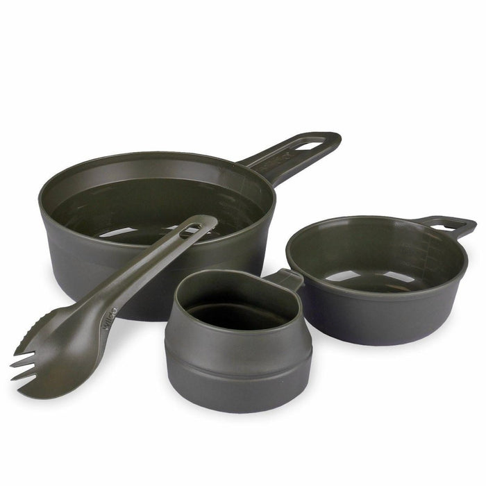 Olijfgroene BPA-vrije Wildo eetset voor buiten, met grote kom, kleine kom, opvouwbare beker en spork voor campingmaaltijden.