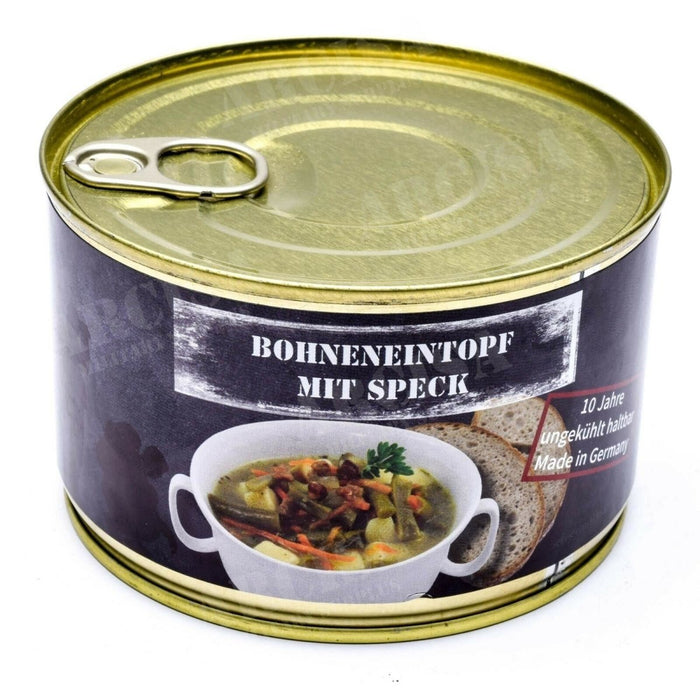 Boîte de 400 g de ragoût de haricots allemand avec bacon, longue durée de conservation et aliment de survie à haute teneur énergétique.
