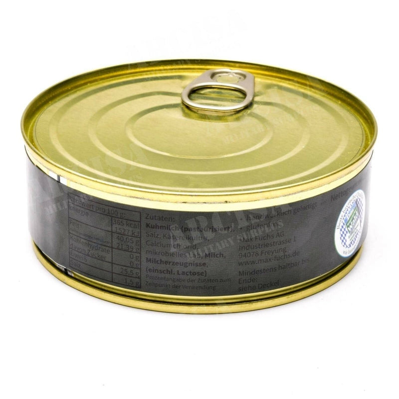 200g can of German emergency ration Gouda cheese, energy-rich survival food with pull-tab lid for easy access.