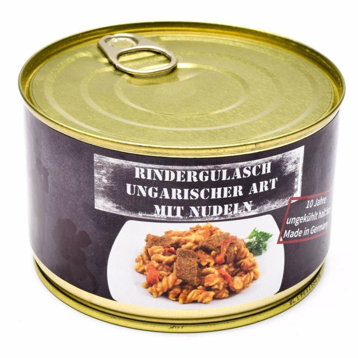 Ration d'urgence en conserve de goulasch de bœuf hongrois 400 g avec nouilles, longue durée de conservation, aliment de survie à haute teneur énergétique fabriqué en Allemagne.