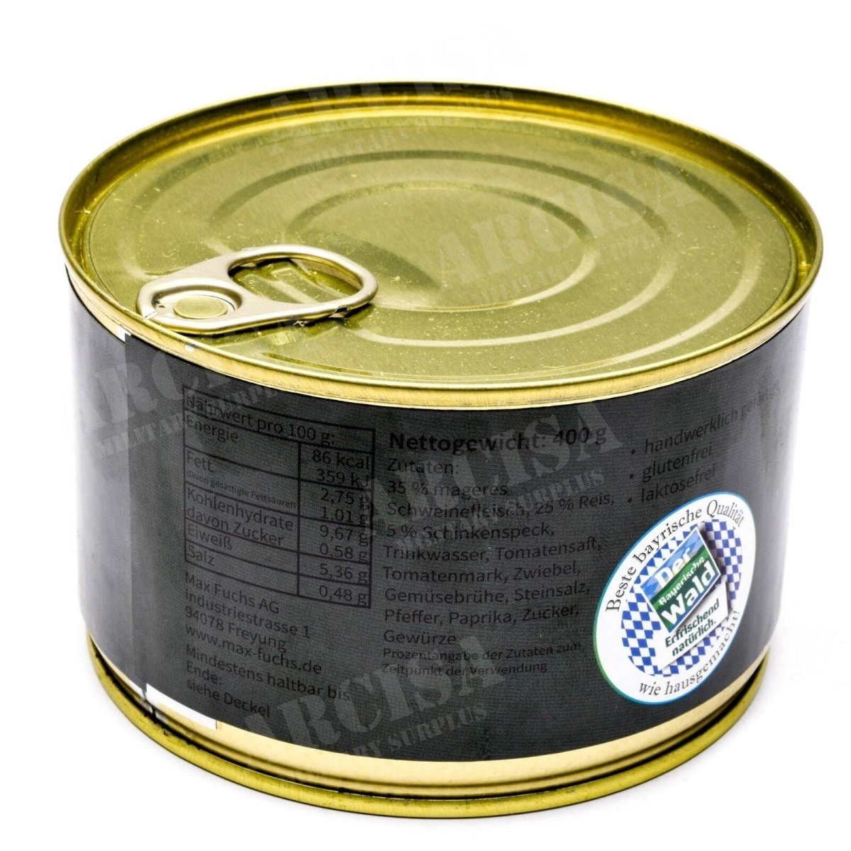 Ration d'urgence pour la survie de l'armée, conserves de viande de porc serbe avec du riz, boîte de 400 g