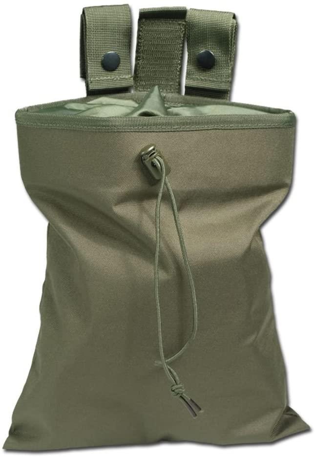 Durable empty shell pouch with drawstring closure and straps for organizing spent cartridge cases and magazines in the field.
