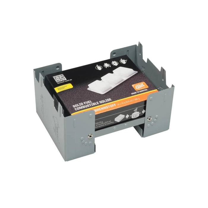 Compact grijs ESBIT opvouwbaar ultralicht zakfornuis met meegeleverde vastebrandstoftabletten voor kamperen en buitenkoken