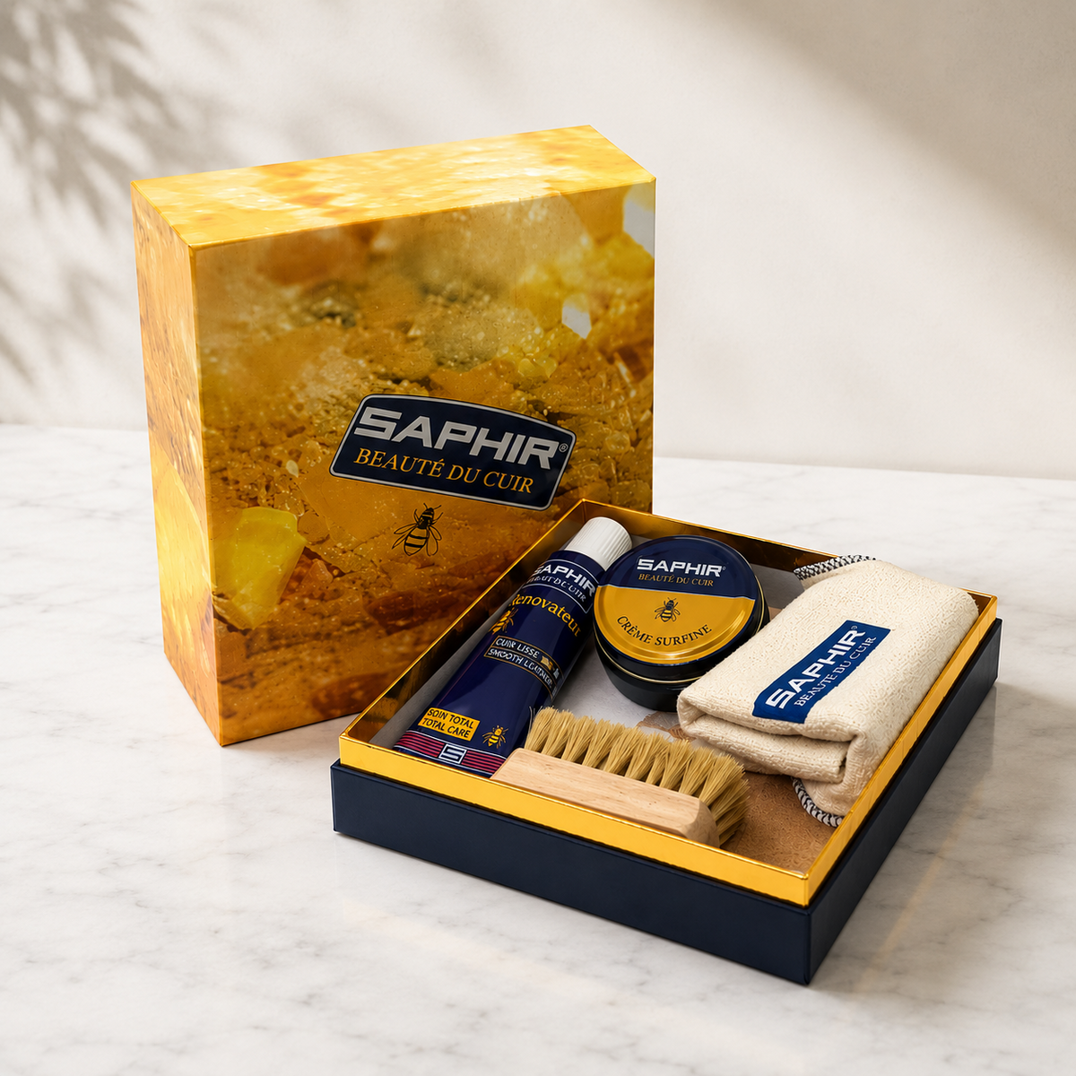 Coffret Saphir Grand Kit d'Entretien pour Chaussures Cuir Lisse Cirage Brosse Chiffon Ensemble