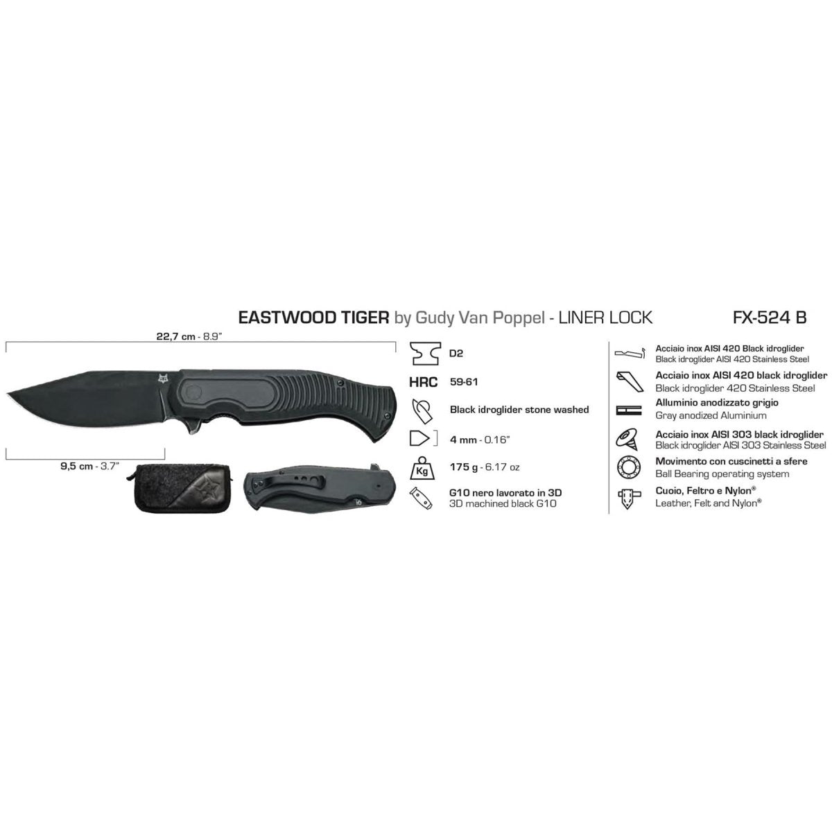 Fox Knives EASTWOOD TIGER Zakmes high-speed D2 staal G10 zwart tactisch