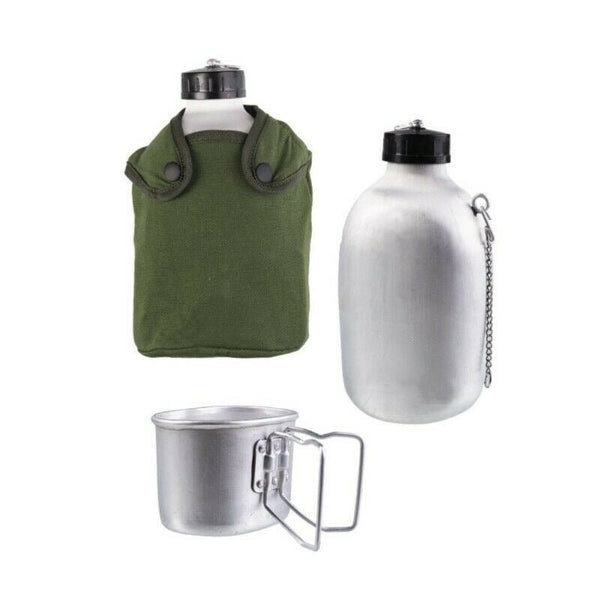 French Army style metal drinking flask with olive drab pouch and foldable metal cup for outdoor use
