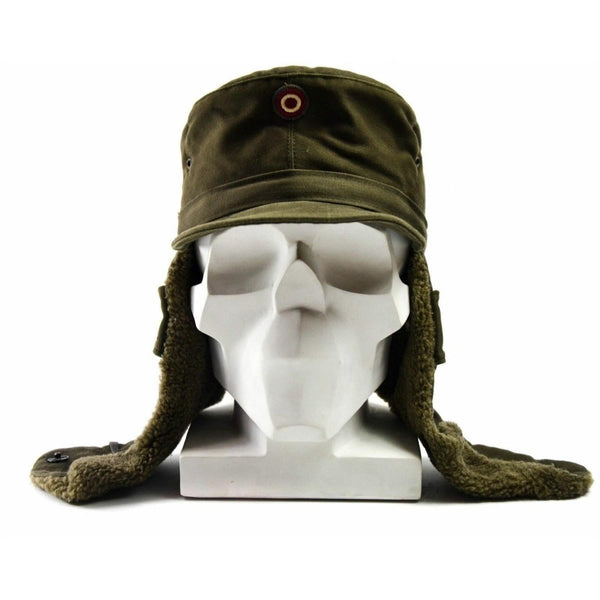 Genuine Austrian Army winter cap in olive with ear flaps, visor, and Austrian insignia badge on front.