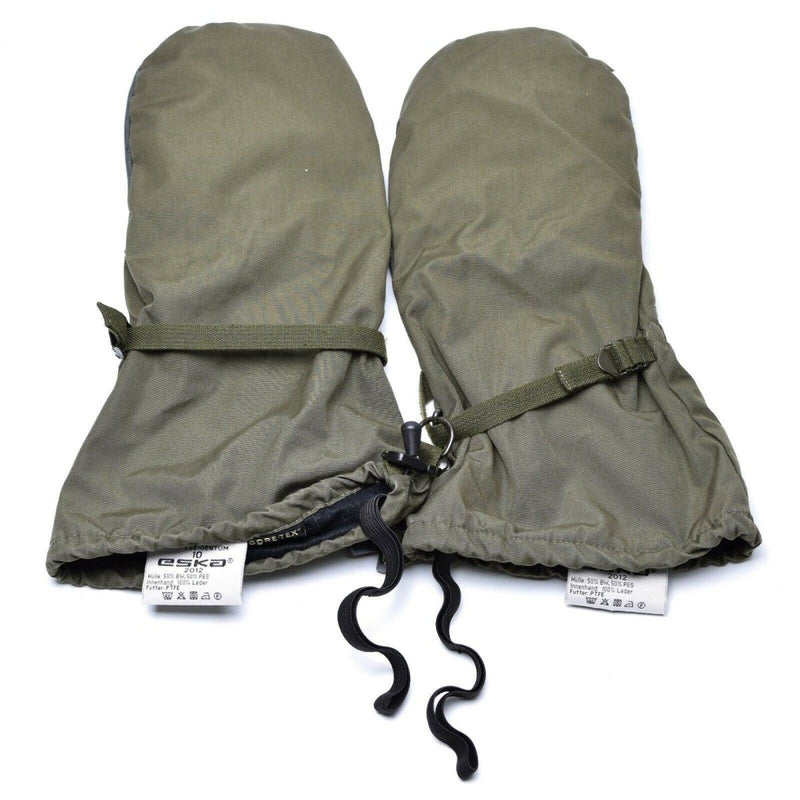 Genuine Austrian army olive OD GoreTex waterproof mittens with durable leather palms for cold weather protection and military use