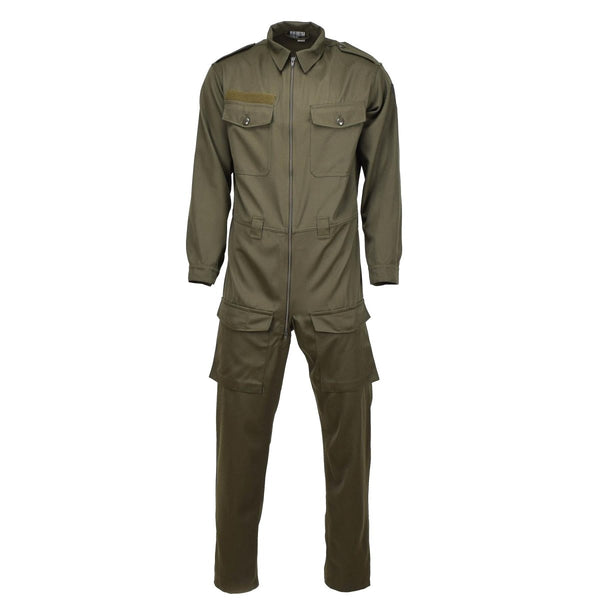 Genuine Austrian military mechanic coverall in olive with cargo pockets, adjustable cuffs, epaulettes, and two-way metal zipper