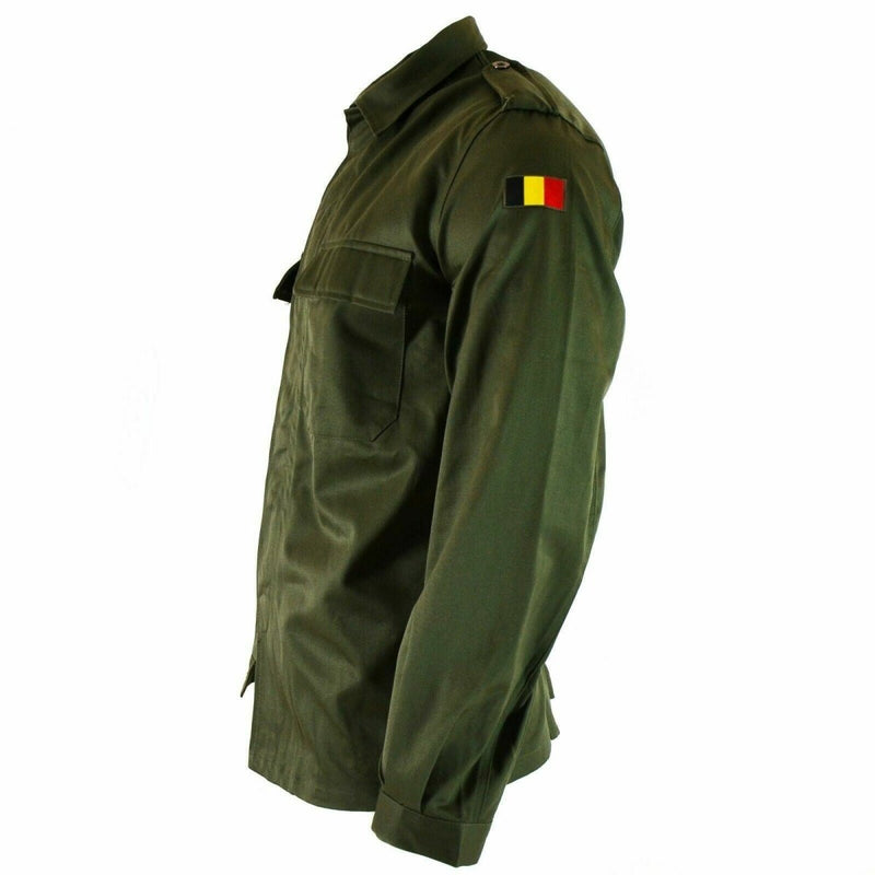Vintage Belgian army olive green BDU field jacket with Belgian flag patch on sleeve, military combat style shirt