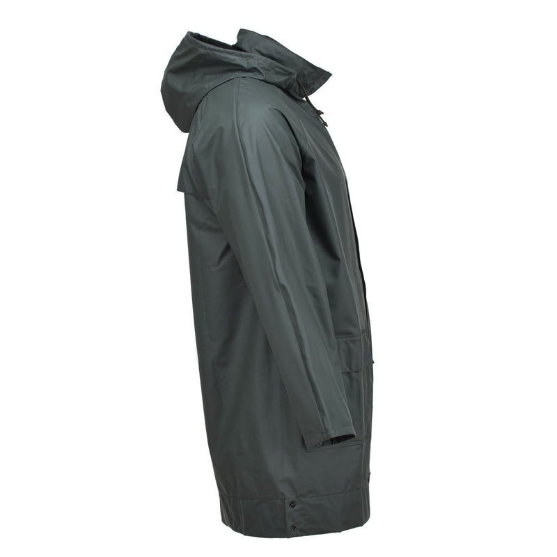 Side view of genuine Belgian army waterproof rain jacket in olive with hood and adjustable cuffs