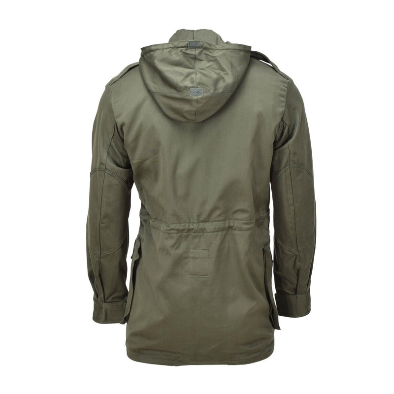 Back view of genuine Belgian military olive green BDU hooded parka jacket with vintage design and durable cotton fabric.
