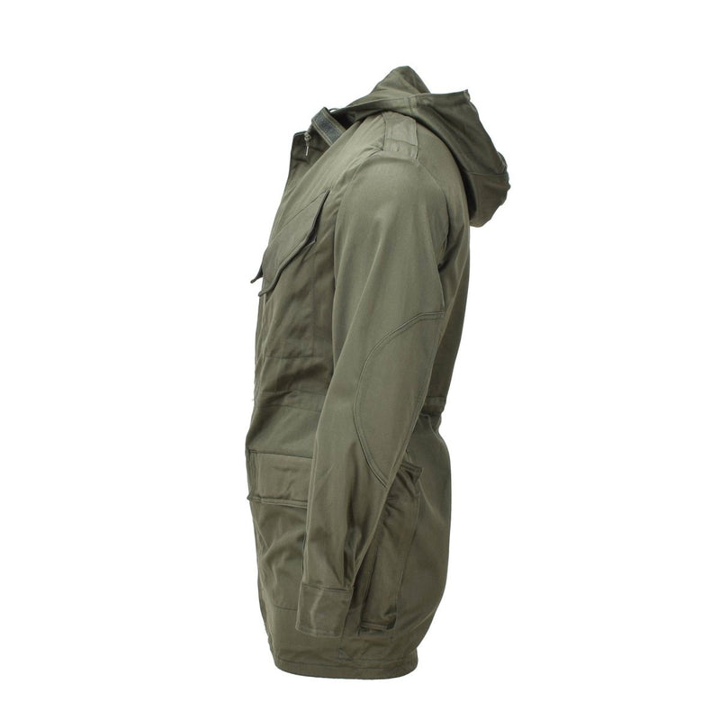 Genuine Belgium military BDU hooded parka in olive, breathable cotton, vintage style, storm flap, durable field jacket.