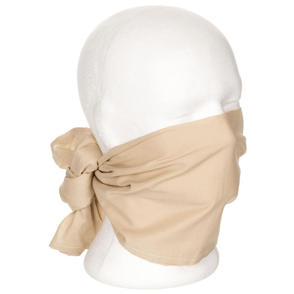 Genuine British Army khaki desert scarf tied as a face cover on a white mannequin headwrap bandana