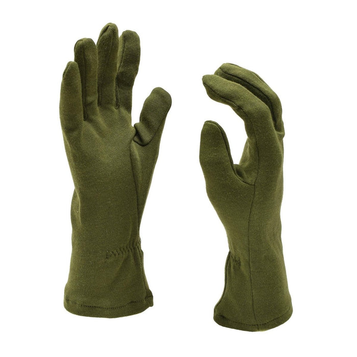 Paar olijfgroene brandwerende Britse legerhandschoenen gemaakt van een wolmix met elastische polsbanden