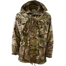 British military MTP camouflage combat parka jacket with hood, four front pockets, adjustable waist and bottom hem.