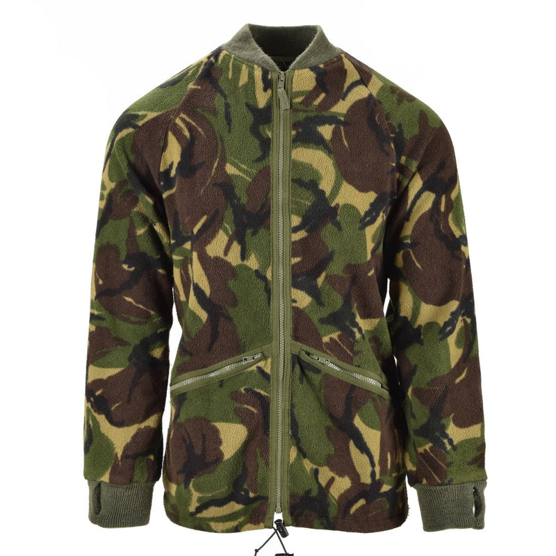 Men's genuine British Army thermal fleece jacket with DPM camouflage, zip-up front, rib-knit cuffs, and adjustable hem.
