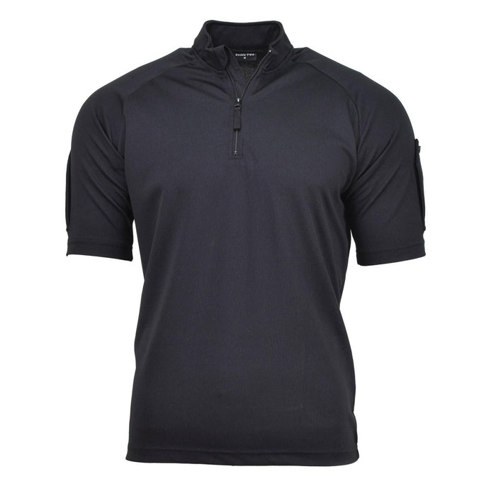 Polo tactique noir de la police britannique avec demi-zip, tissu extensible respirant et design fonctionnel.