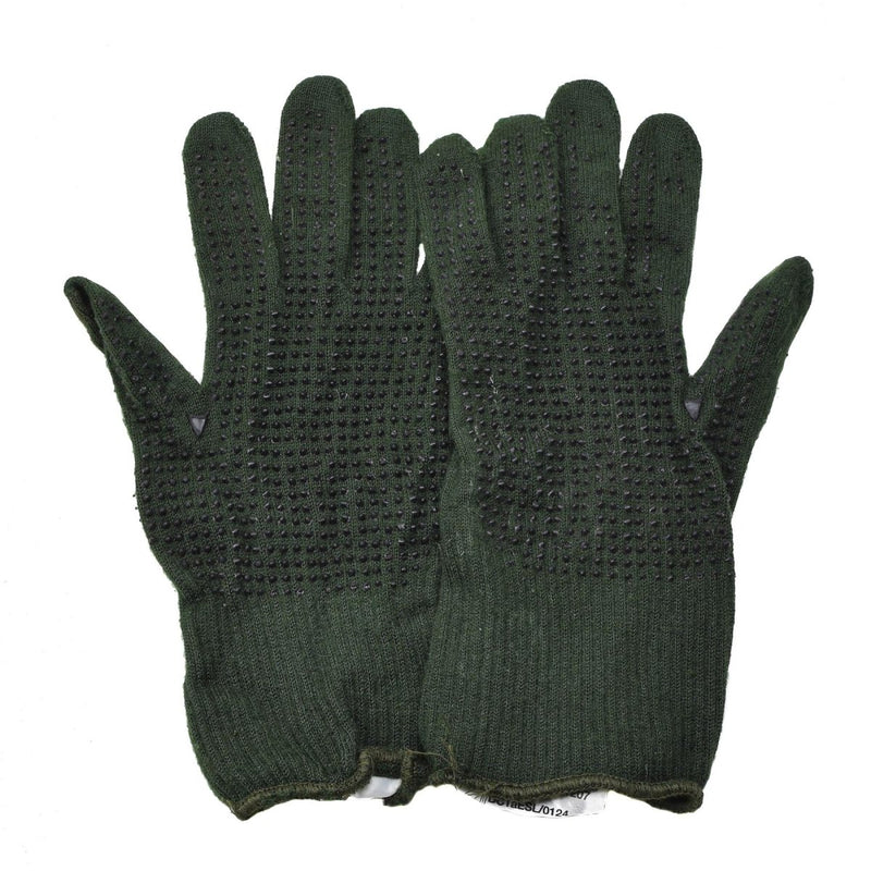 Pair of genuine British military green Nomex tactical gloves with knitted flame-resistant fabric and grip dots