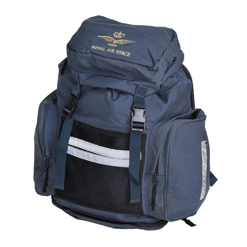 Blue British Royal Air Force 30L durable canvas backpack with embroidered RAF insignia, ideal for camping and hiking