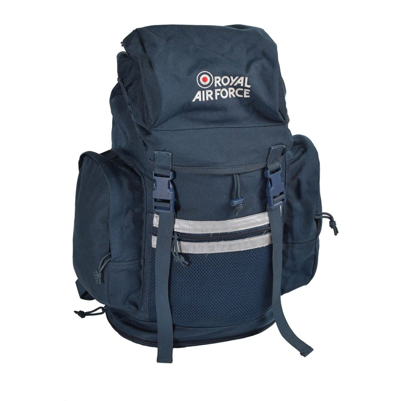 Blue durable canvas British Royal Air Force backpack with RAF insignia, multiple compartments, and adjustable straps.
