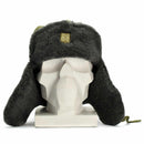 Vintage Czech army Ushanka winter hat in grey faux fur with olive fabric and gold badge on mannequin head
