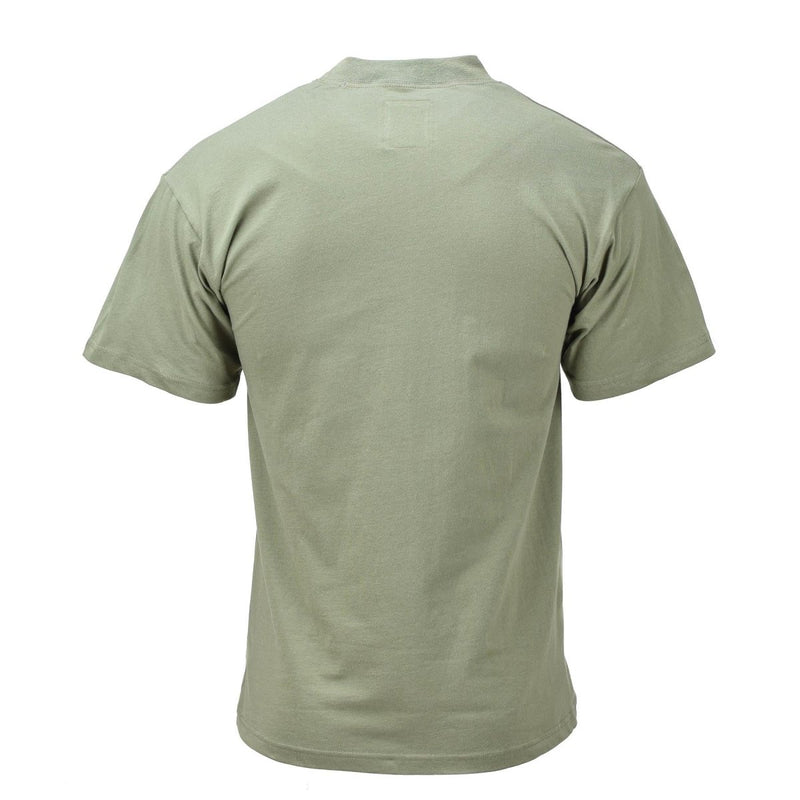 Back view of genuine Czech Army olive green first layer field underwear t-shirt for outdoor and military use