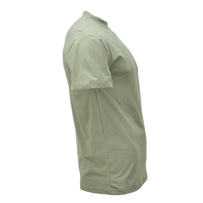 Side view of genuine Czech Army olive green first layer field shirt designed as breathable military underwear