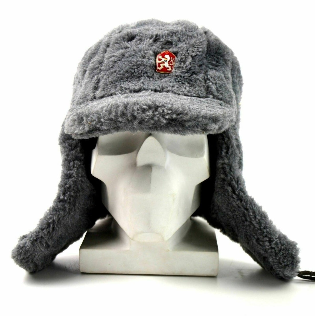 Véritable casquette d'hiver de l'armée tchèque Ushanka chapeau chaud en fourrure grise CZ militaire isignia