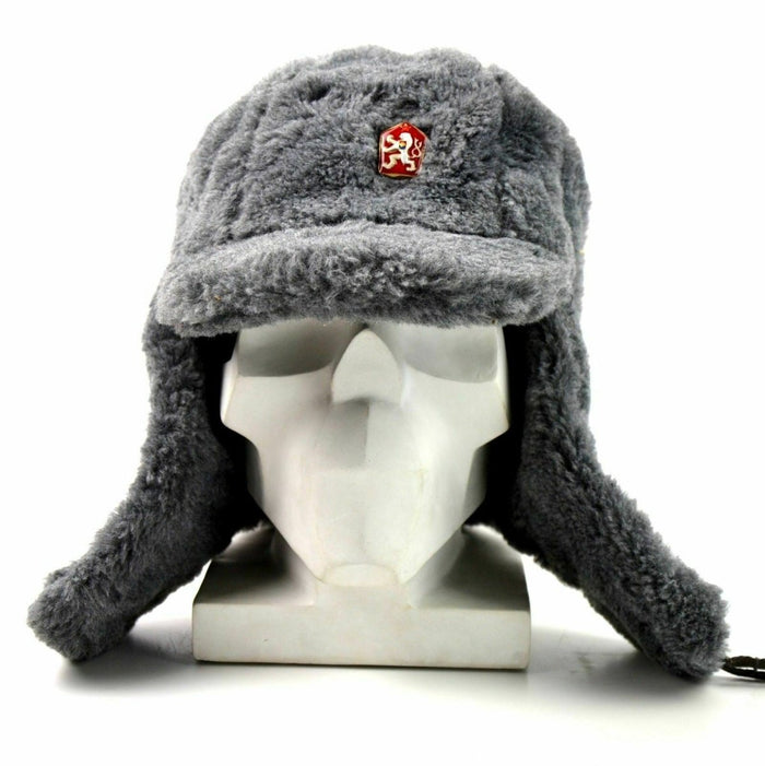 Echte Tsjechische legerwinterpet Ushanka grijze bontwarme muts Amerikaans militair insigne - GoMilitar