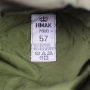 Close-up of Danish Army field cap label showing size 57 and material composition 50% cotton 50% polyester