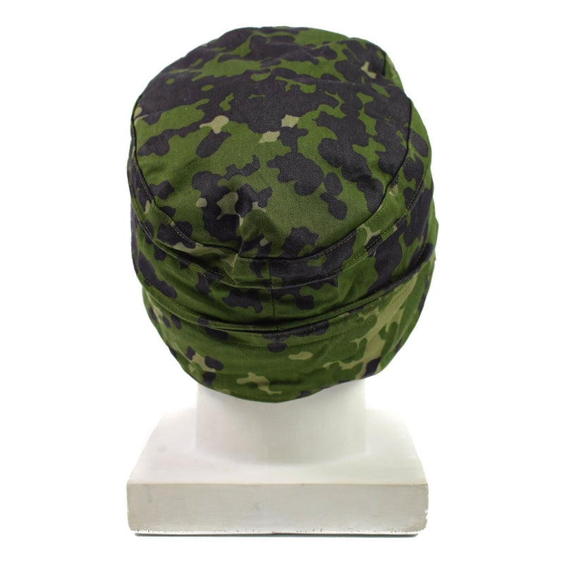 Back view of Danish Army field cap in green and black M84 Flecktarn camouflage pattern on mannequin head.