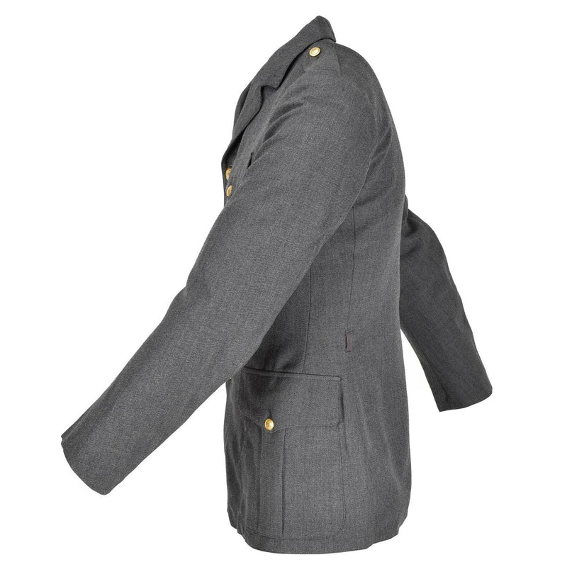 Side view of genuine Danish Civil Defence Forces gray military uniform officer jacket with brass buttons.