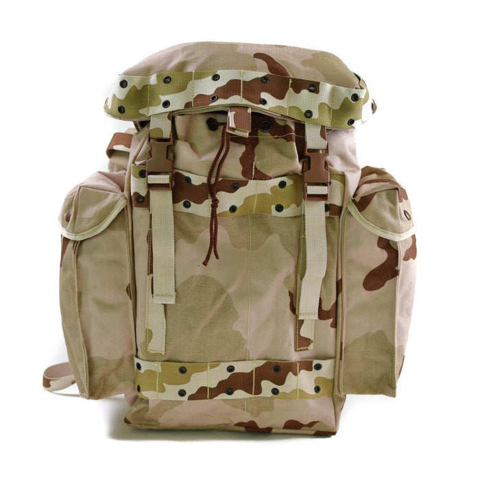 Echte Nederlandse leger 35L tactische woestijncamouflagerugzak met verstelbare bandjes, zijvakken en snelsluitingen.