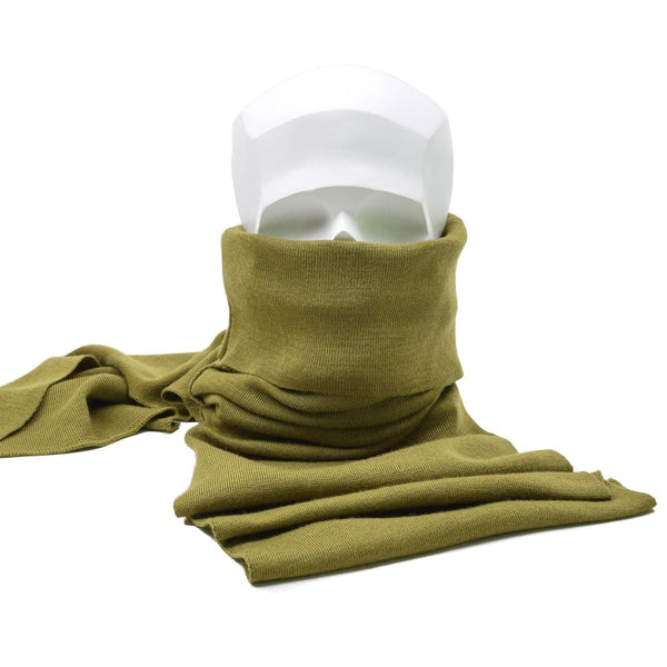 Khaki genuine Dutch army neck tube scarf made of merino wool and cotton for warmth and outdoor use.