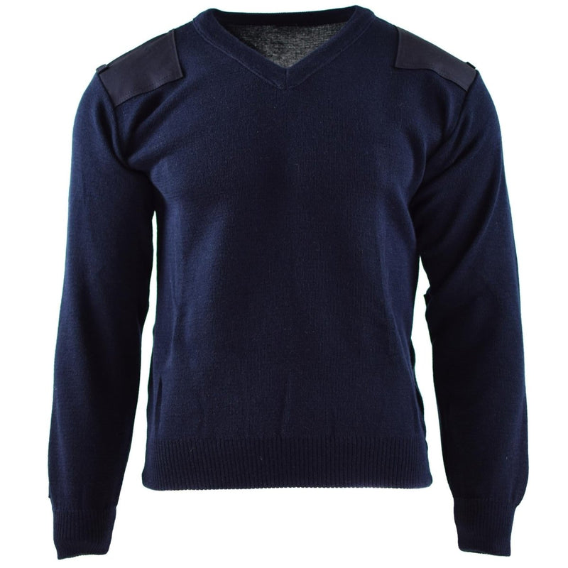 Dark blue genuine Dutch army sweater with reinforced shoulders and elbows, V-neck military pullover for durability and comfort.
