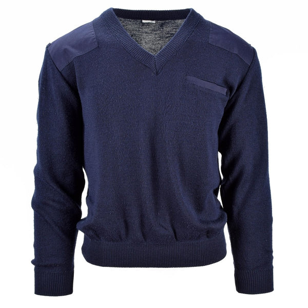 Navy blue Dutch army sweater with V-neck, reinforced shoulders and elbows, designed for durability and style.