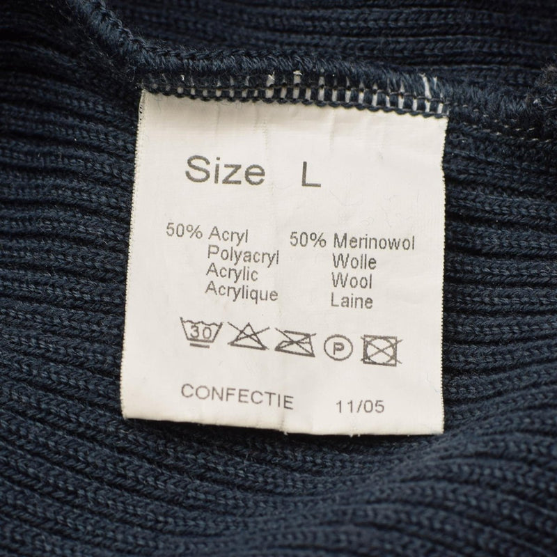 Size L fabric label for Dutch military surplus blue sweater, 50% acrylic and 50% merino wool blend, care instructions shown