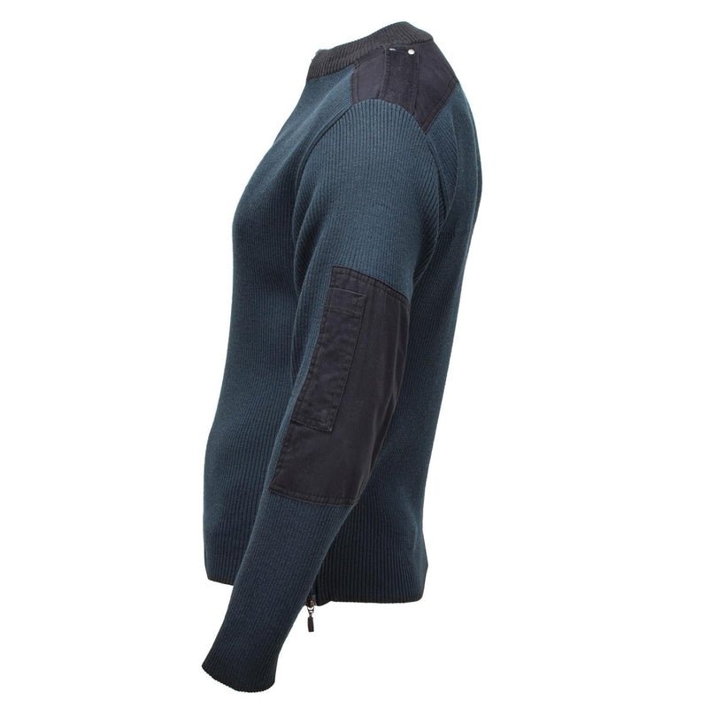 Side view of genuine Dutch military blue troyer pullover sweater with reinforced elbow patches and quarter zip design