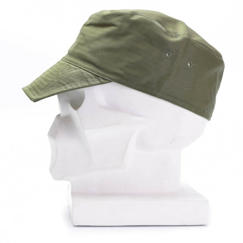 Genuine French Army F1 cap in olive green with vent holes and a sturdy visor on a white mannequin head