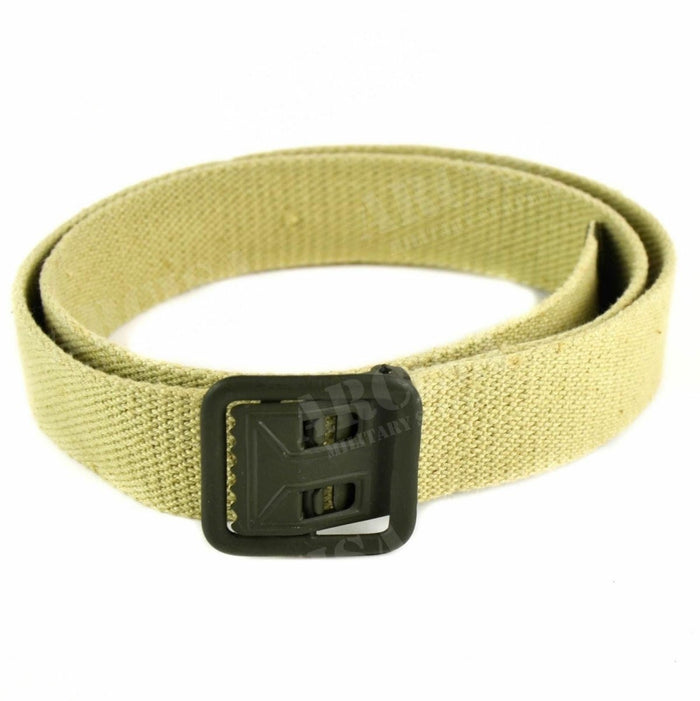 Echte Franse militaire canvas riem in zandkaki met duurzame olijfkleurige metalen gesp, verstelbaar voor comfort en tactisch gebruik