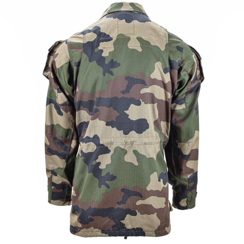 Back view of genuine French army parka T4 combat jacket in CCE camouflage for tropical weather