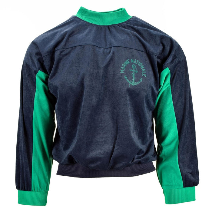 Echte Franse leger marinegroene coltrui sporttrui met Marine Nationale embleem, katoenmix stof, trui in vintage stijl.