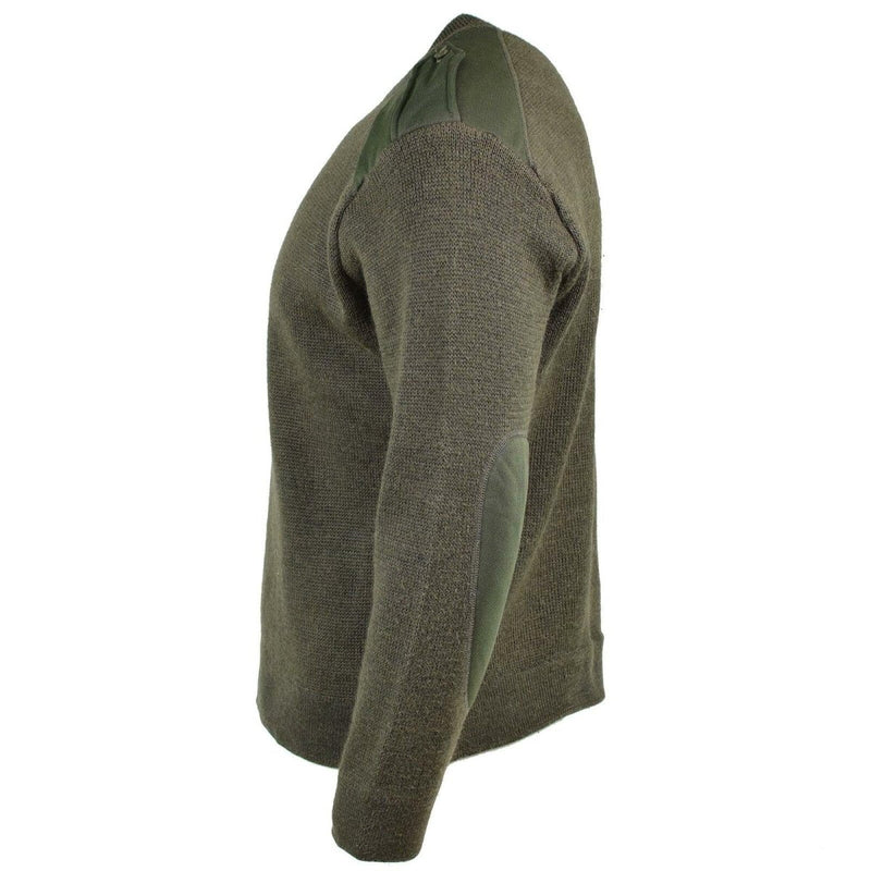 Side view of olive green French Army sweater with reinforced elbows and shoulders, round neck, military pullover design.