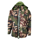 Genuine French Army waterproof trilaminate camo jacket with hood and double storm flap for rain protection